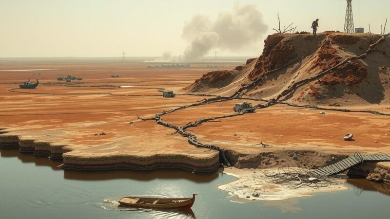 A desolate landscape illustrating the impact of a humanitarian crisis, featuring dried earth and polluted water sources.
