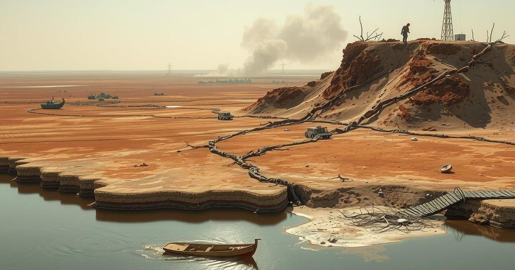A desolate landscape illustrating the impact of a humanitarian crisis, featuring dried earth and polluted water sources.