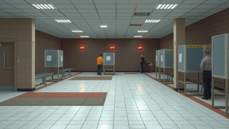 Venezuelan polling station with empty booths and a few voters during a political election.