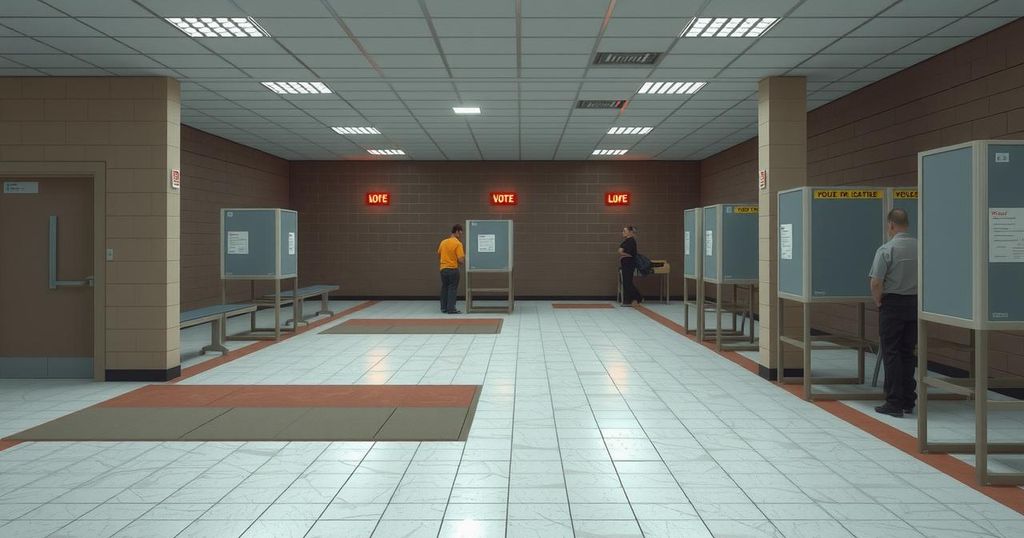 Venezuelan polling station with empty booths and a few voters during a political election.