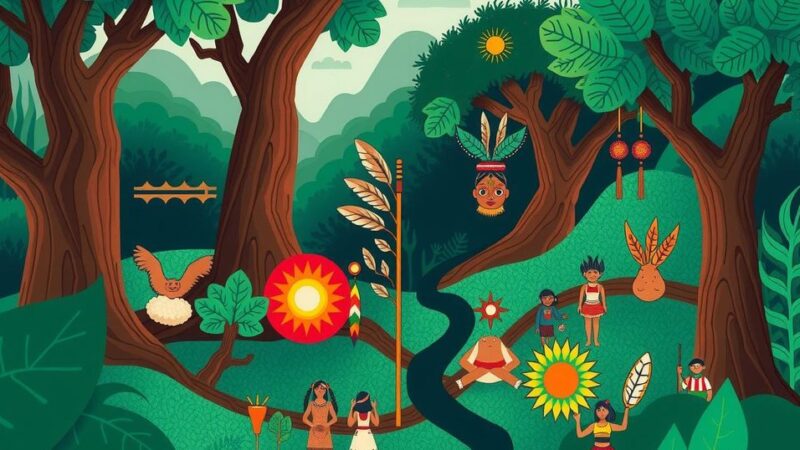 Symbolic representation of Indigenous rights, nature and activism in vibrant colors, emphasizing community strength and unity.