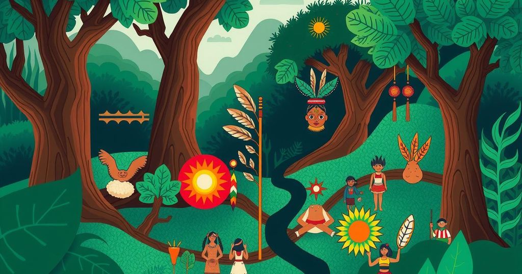 Symbolic representation of Indigenous rights, nature and activism in vibrant colors, emphasizing community strength and unity.