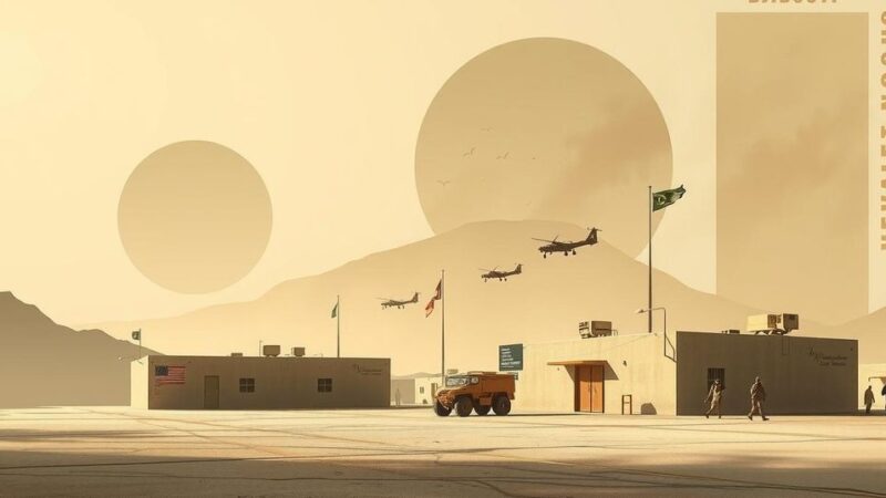 U.S. military base in Djibouti with an abstract depiction of conflict and uncertainty surrounding migrants' journey.