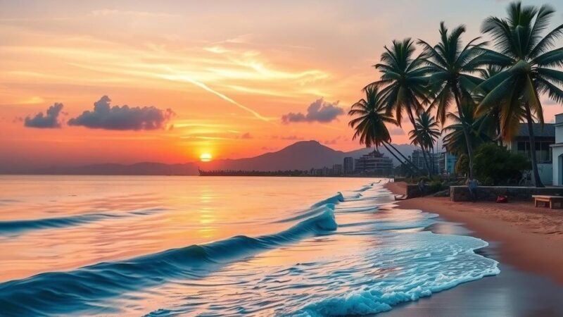 Calm coastal scene depicting Santiago de Cuba with soft waves, vibrant colors, and serene sunset atmosphere.