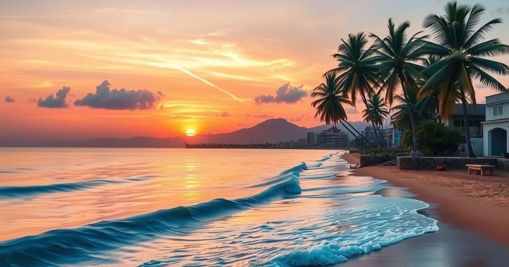 Calm coastal scene depicting Santiago de Cuba with soft waves, vibrant colors, and serene sunset atmosphere.