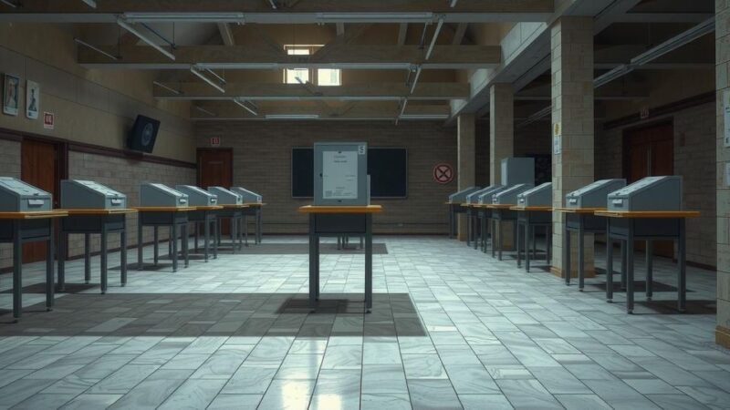 A scene illustrating a tense election atmosphere in Venezuela, featuring an empty voting station with closed ballots.