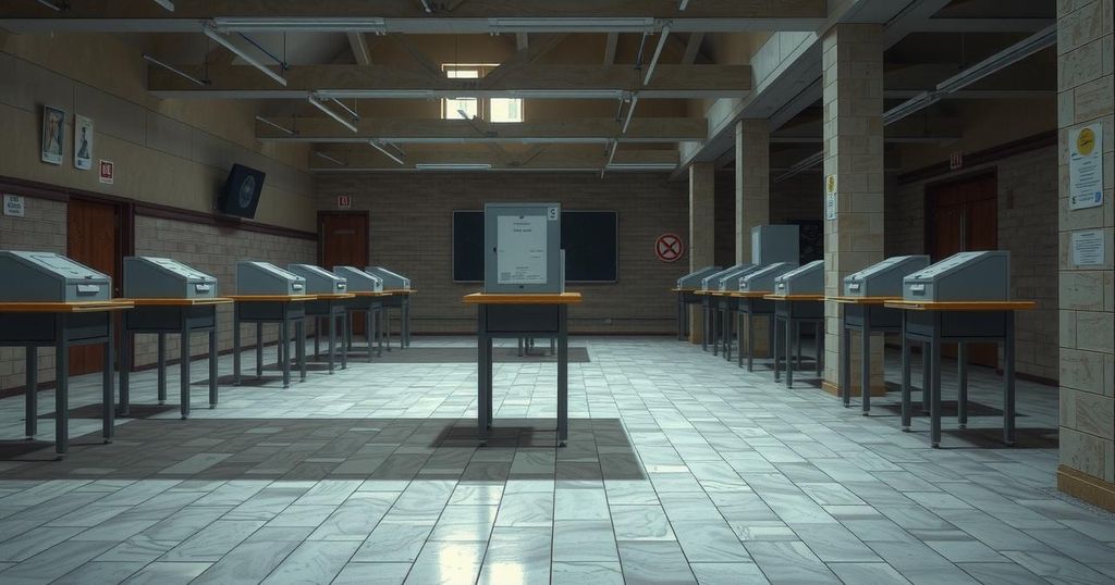 A scene illustrating a tense election atmosphere in Venezuela, featuring an empty voting station with closed ballots.