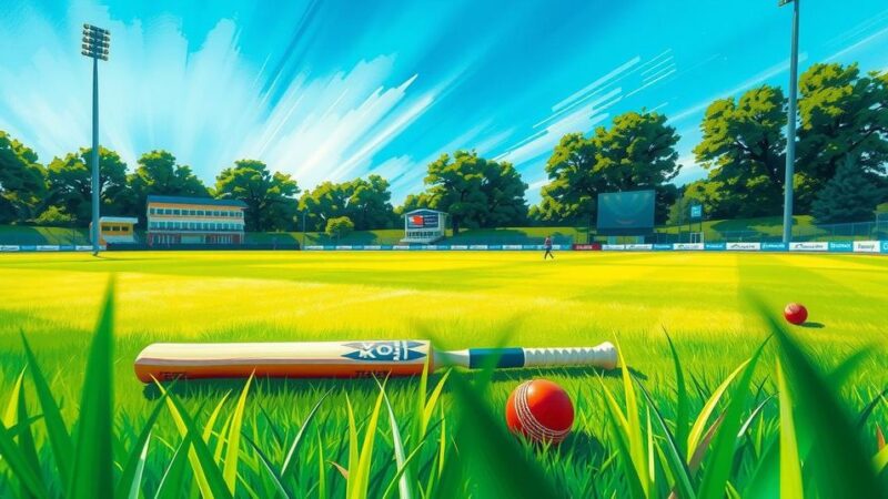 Cricket field with lush green grass, cricket bats, and balls, under a bright blue sky, capturing a match atmosphere.