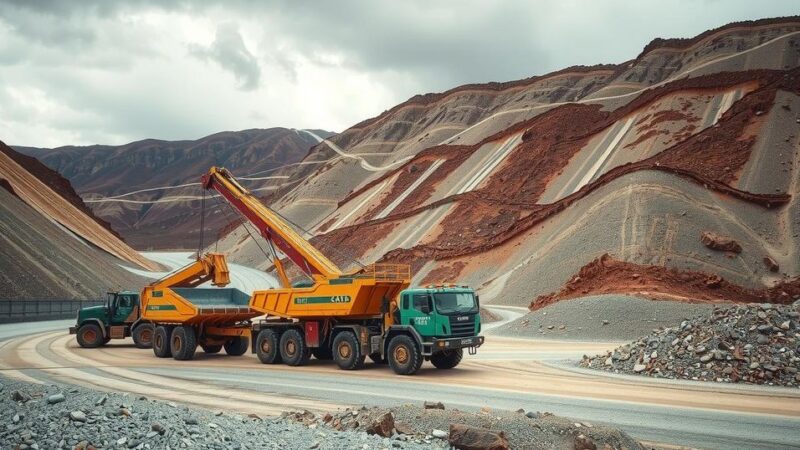 A mining site with equipment under a cloudy sky, showcasing iron ore exploration with earthy tones and industrial elements.