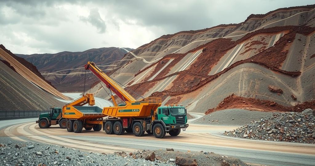 A mining site with equipment under a cloudy sky, showcasing iron ore exploration with earthy tones and industrial elements.
