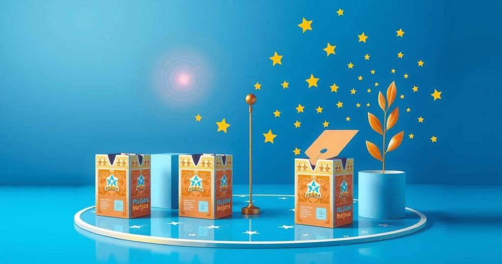 A vibrant abstract representation of a digital election process featuring symbolic voting elements in blue and gold.