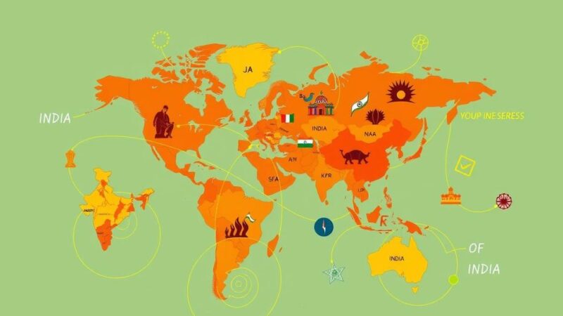 An abstract map with Indian elements showcasing global leaders of Indian descent, featuring vibrant colors and intricate designs.