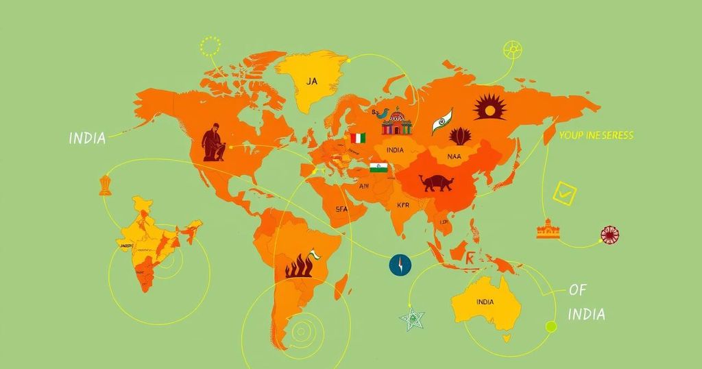 An abstract map with Indian elements showcasing global leaders of Indian descent, featuring vibrant colors and intricate designs.