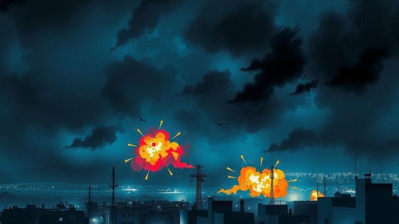 Dramatic night sky over Gaza city with bright explosions in the distance, showcasing military operations.