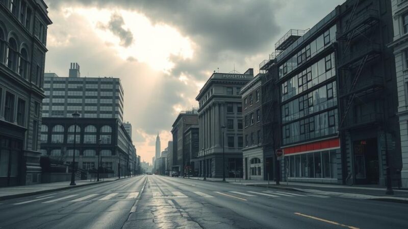 A desolate political landscape reflecting low public support with shadows of buildings and empty streets.