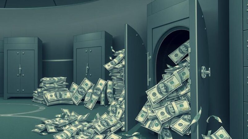 Financial institutions hindered by cash hoarding in Zimbabwe, depicting vaults and safes filled with currency.