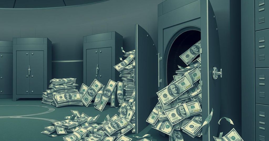 Financial institutions hindered by cash hoarding in Zimbabwe, depicting vaults and safes filled with currency.