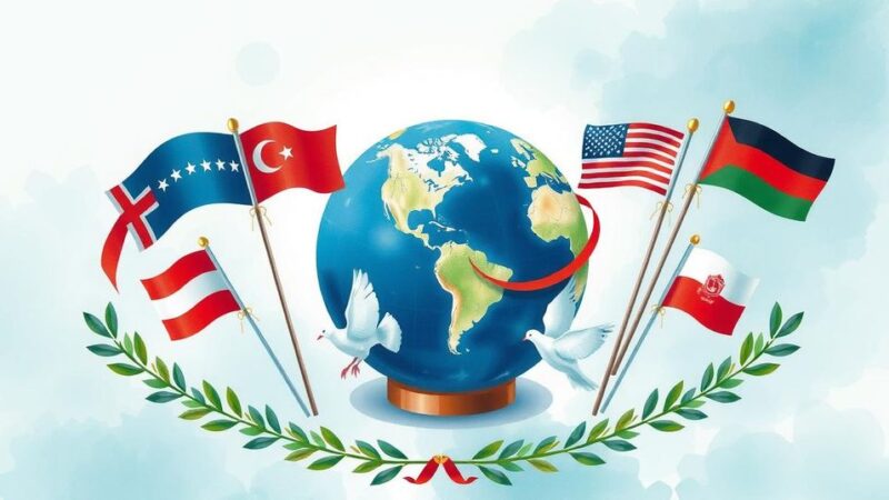 A conceptual depiction of international diplomacy with a globe, flags, and symbols of peace.