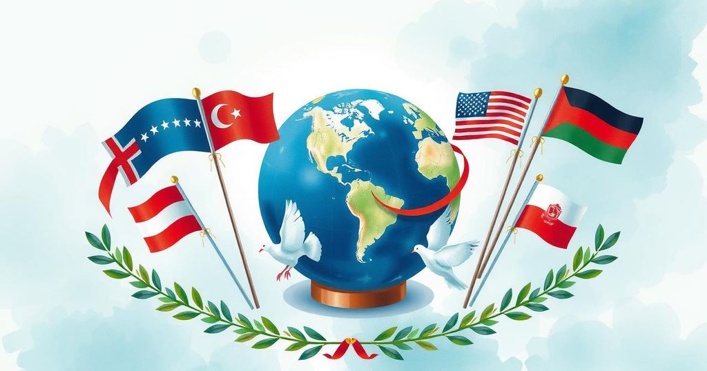 A conceptual depiction of international diplomacy with a globe, flags, and symbols of peace.