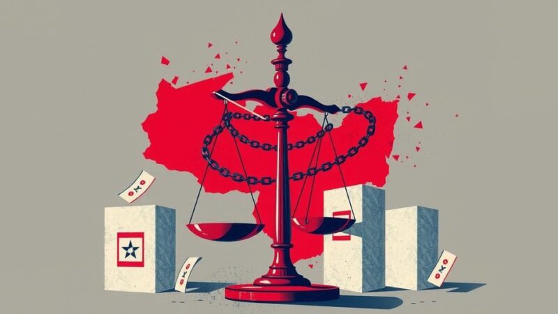 Political tension in Venezuela with symbolic visuals representing elections and a government crackdown.