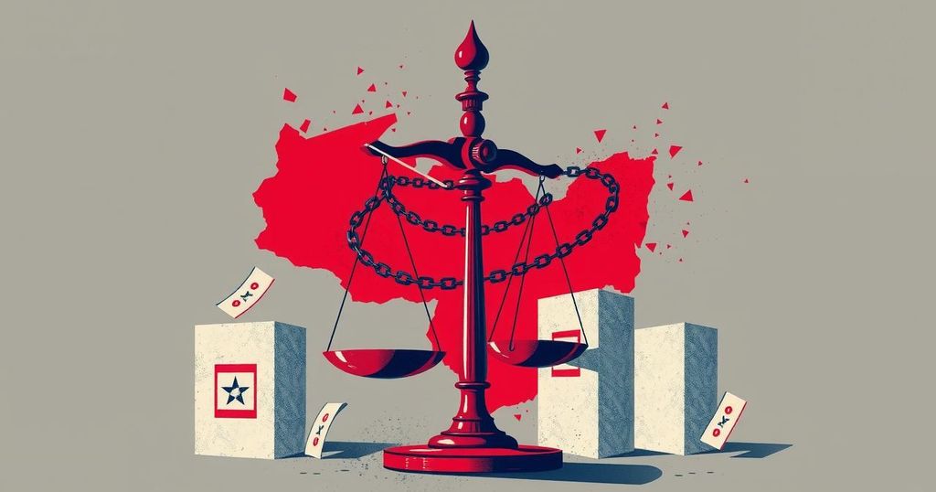 Political tension in Venezuela with symbolic visuals representing elections and a government crackdown.