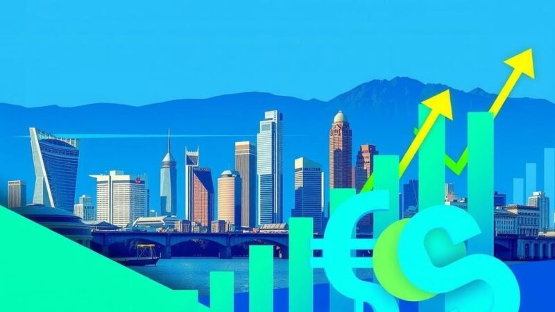 Illustration of Buenos Aires skyline with abstract currency symbols and financial graphs, depicting economic recovery.