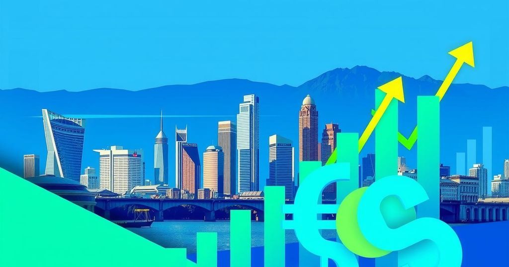 Illustration of Buenos Aires skyline with abstract currency symbols and financial graphs, depicting economic recovery.