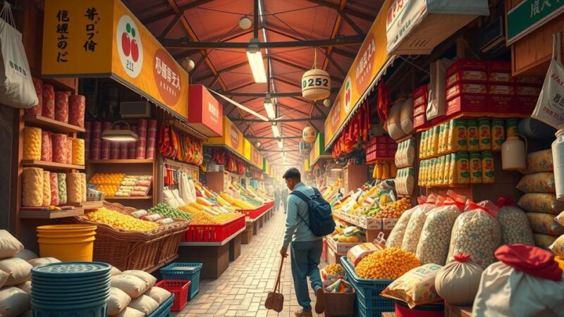 A vibrant market scene depicting various food and non-food items representing economic activity in Libya.
