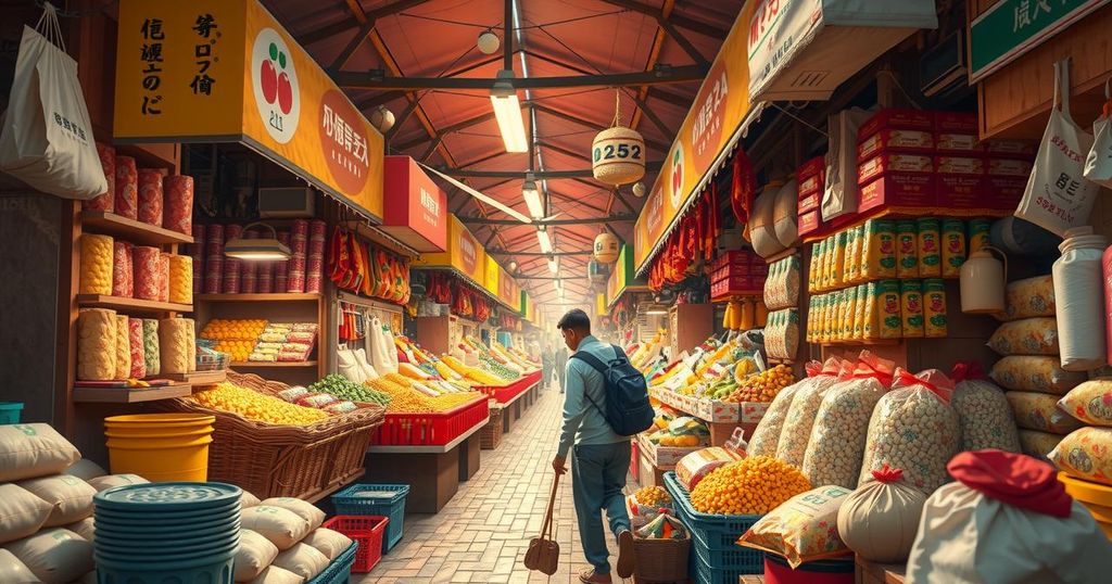 A vibrant market scene depicting various food and non-food items representing economic activity in Libya.