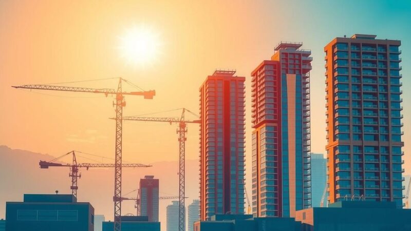 A vibrant city skyline at sunrise with tall buildings and cranes symbolizing growth and investment in Ecuador.