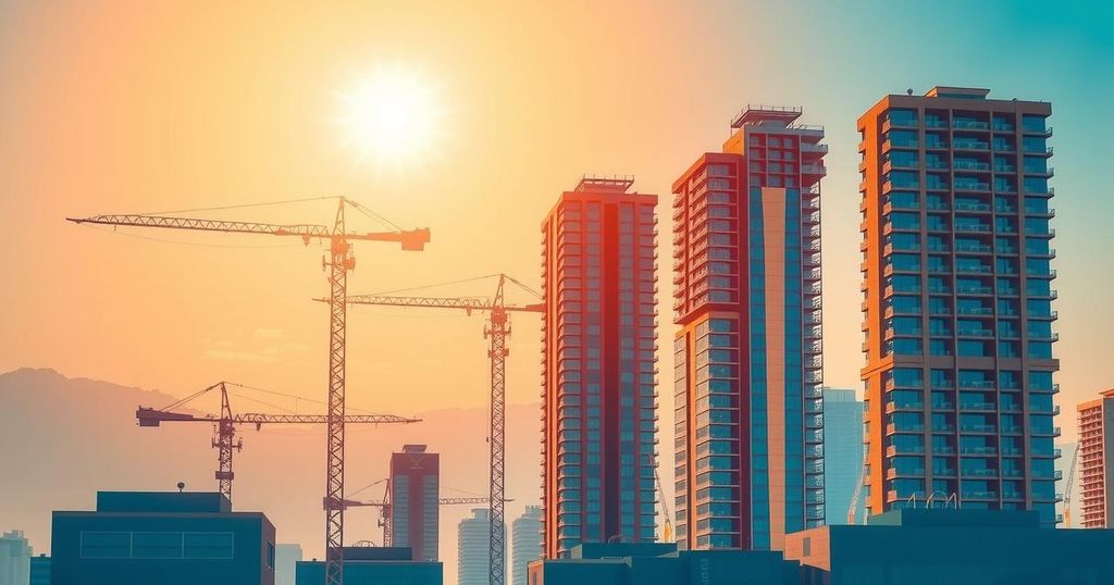 A vibrant city skyline at sunrise with tall buildings and cranes symbolizing growth and investment in Ecuador.