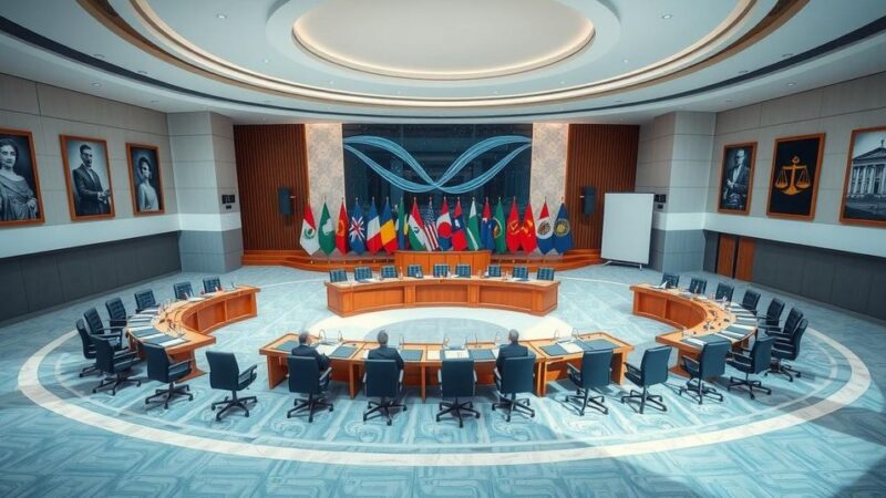 A modern conference room with a large table, displaying flags and decor representing international cooperation and justice discussions.