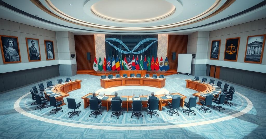 A modern conference room with a large table, displaying flags and decor representing international cooperation and justice discussions.