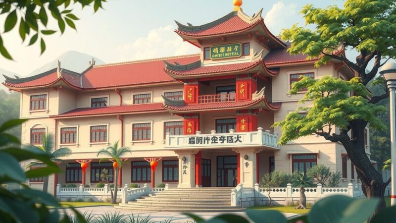A serene hospital exterior with traditional architecture, showcasing cooperation and friendship through harmonious design elements.