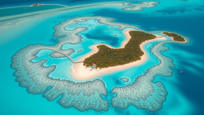 Aerial view of Chagos Islands showcasing turquoise waters and coral reefs, bright skies, with abstract patterns in a tranquil style.