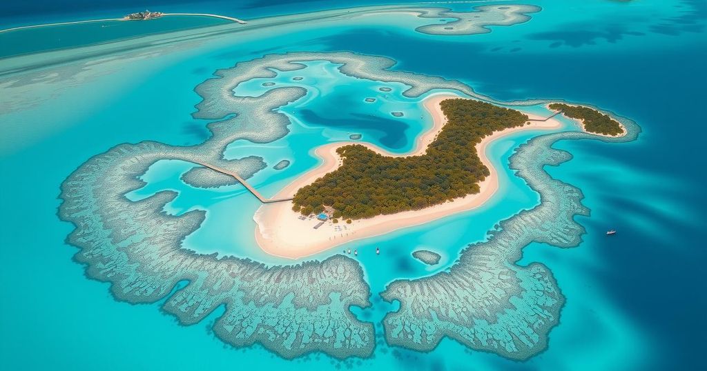 Aerial view of Chagos Islands showcasing turquoise waters and coral reefs, bright skies, with abstract patterns in a tranquil style.