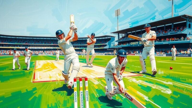 An action-packed cricket match at Trent Bridge with a vibrant scoreboard and players in motion.