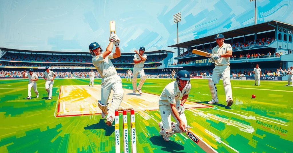 An action-packed cricket match at Trent Bridge with a vibrant scoreboard and players in motion.