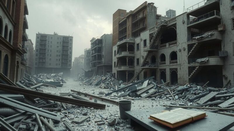 A desolate landscape with ruins and debris, evoking the aftermath of destruction in an urban setting.