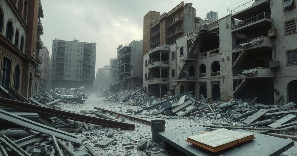 A desolate landscape with ruins and debris, evoking the aftermath of destruction in an urban setting.