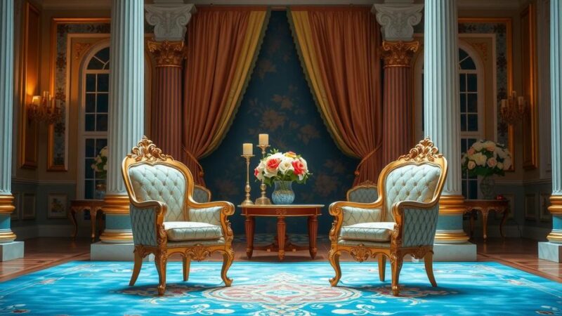 Meeting of two leaders in a historic palace setting, symbolizing diplomacy and recovery efforts.