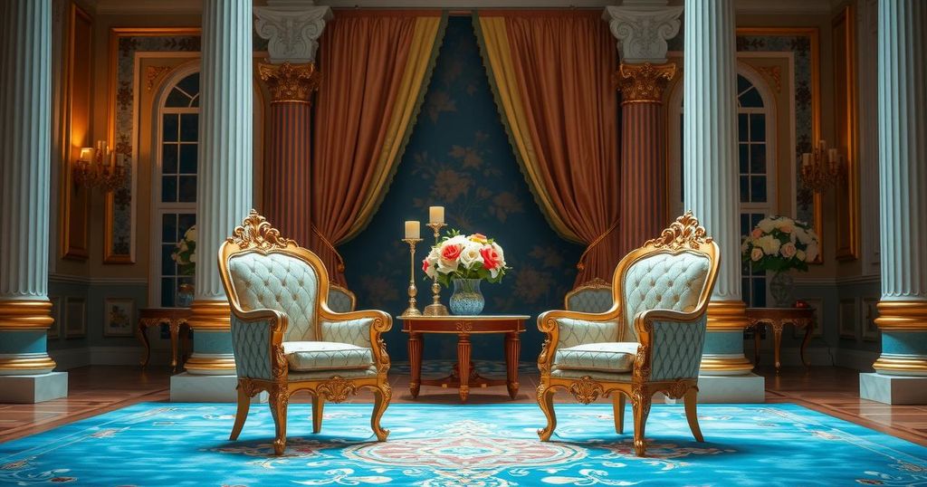 Meeting of two leaders in a historic palace setting, symbolizing diplomacy and recovery efforts.