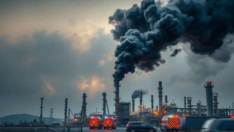 A smoke-filled sky above an oil refinery, showcasing a fire crisis scene with emergency response activities.