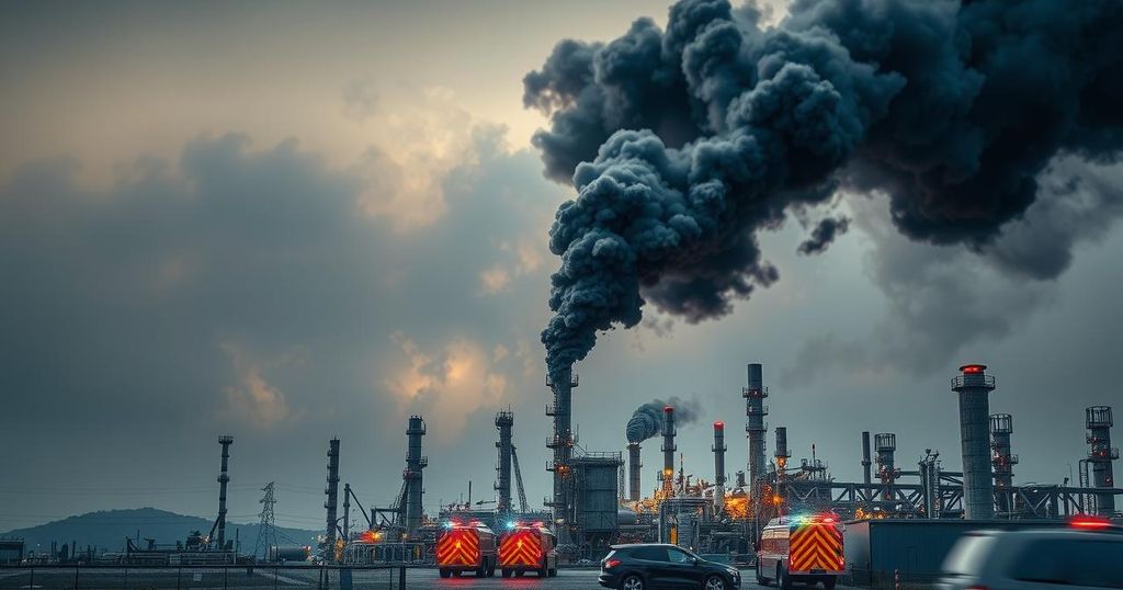 A smoke-filled sky above an oil refinery, showcasing a fire crisis scene with emergency response activities.