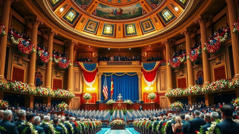A vibrant ceremony scene in a grand assembly building with colorful flags and floral arrangements celebrating a presidential inauguration.