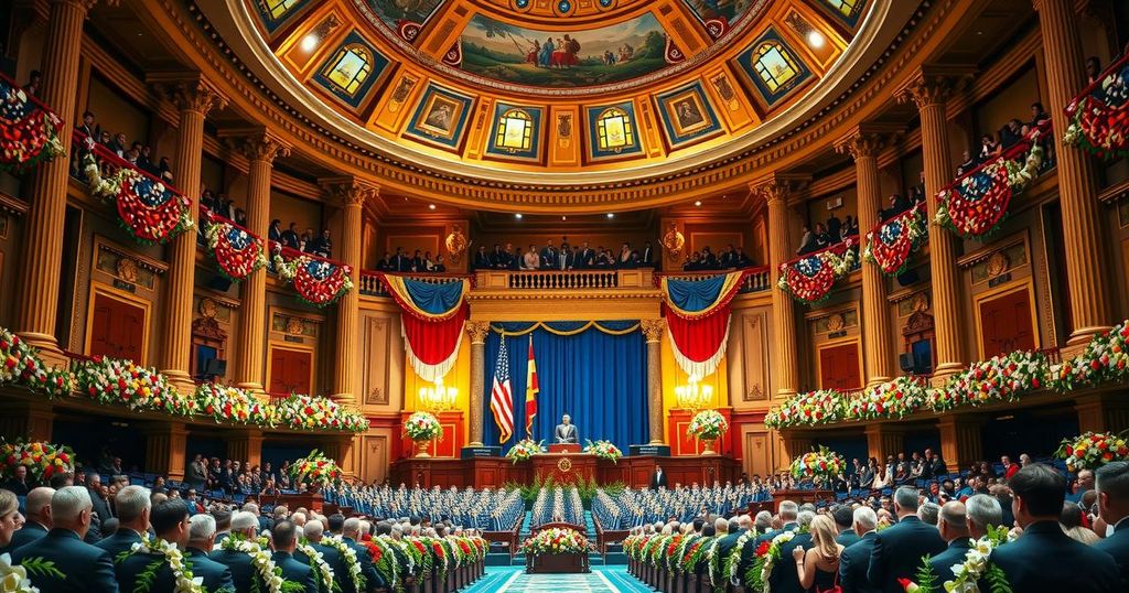 A vibrant ceremony scene in a grand assembly building with colorful flags and floral arrangements celebrating a presidential inauguration.