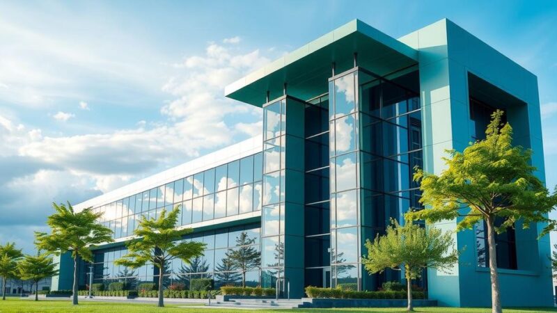 A modern office building representing corporate restructuring, featuring geometric shapes and a green and blue color scheme.