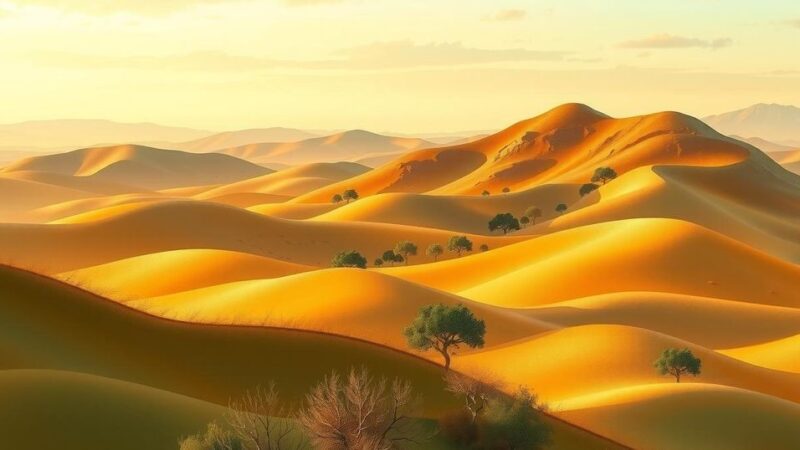Ethiopian landscape emphasizing themes of peace and justice in art style with warm earth-tone colors.