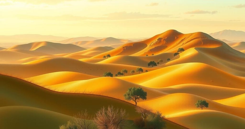 Ethiopian landscape emphasizing themes of peace and justice in art style with warm earth-tone colors.
