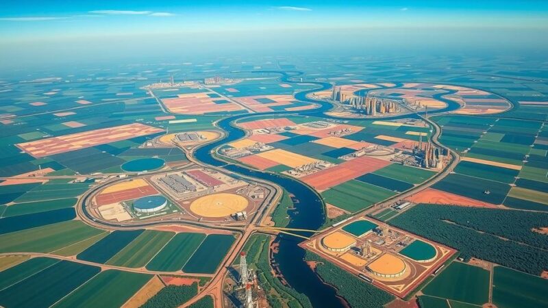 Aerial view of Angola's Kwanza basin showcasing oil fields and lush landscape with blue sky.